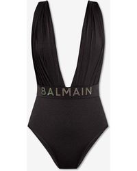 Balmain - Deep V-Neck Draped One-Piece Swimsuit - Lyst