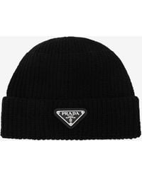 Prada - Triangle Logo Wool Beanie - Lyst