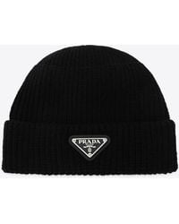 Prada - Triangle Logo Wool Beanie - Lyst
