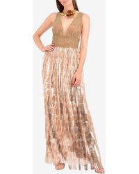 Isabel Sanchis Beaded Mesh Column Gown With Tiered Fringes - Metallic