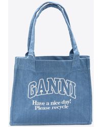 Ganni - Logo Print Denim Tote Bag - Lyst
