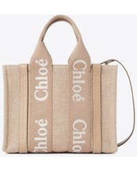 Chloé - Small Woody Leather And Linen Tote Bag - Lyst