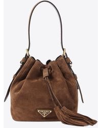 Prada - Triangle Logo Suede Bucket Bag - Lyst