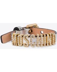 Moschino - Crystal Embellished Logo Metallic Leather Bracelet - Lyst