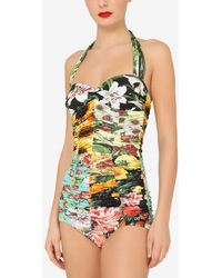 Dolce & Gabbana - Patchwork One-Piece Ruched Swimsuit - Lyst