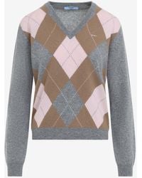 Prada - Argyle Intarsia Knit V-Neck Sweater - Lyst
