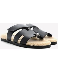 Hermès Chypre Sandals In Veau Indios Woolskin - Black