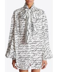 Balmain - Love Letter Print Silk Blouse With Bow - Lyst