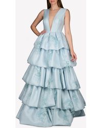 Isabel Sanchis Silk Plunge Neck Tiered Gown With Feather Trims - Blue