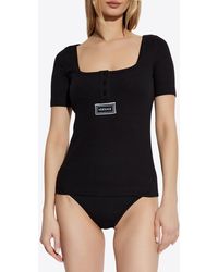 Versace - Logo Tag Ribbed Knit Top - Lyst