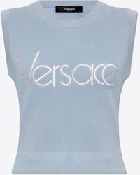 Versace - Logo Embroidered Rib Knit Cropped Top - Lyst