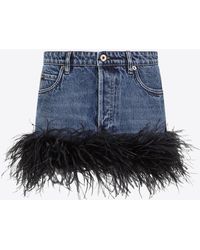 Miu Miu - Feather-Trimmed Mini Denim Skirt - Lyst