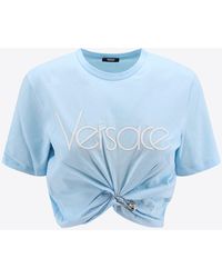 Versace - Logo Embroidered Cropped T-Shirt - Lyst