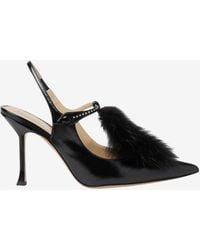 Fendi - 95 T-Strap Leather Slingback Pumps With Fox Fur - Lyst