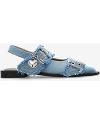Ganni - Buckled Pointed-Toe Denim Flats - Lyst