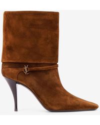Saint Laurent - Suede Stiletto Boots With Metal Monogram - Lyst