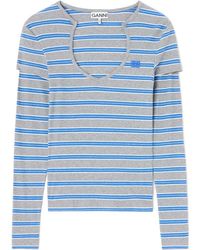 Ganni - Cotton Rib V Neck Long Sleeve Top - Lyst