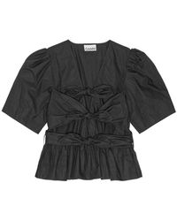 Ganni - Washed Stretch Cotton Tie Strap Blouse - Lyst