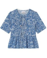 Ganni - Tapestry Organic Cotton Denim Peplum Top - Lyst