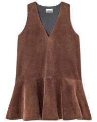 Ganni - Organic Cotton Corduroy V-Neck Mini Dress - Lyst