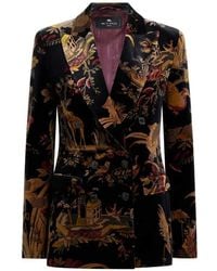 Etro - Double-Breasted Cotton-Velvet Jacket With Flower And Animal Overprint - Lyst