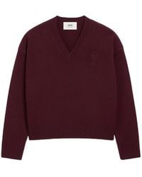 Ami Paris - Wool Cashmere Ribbed V-Neck Jumper - Lyst