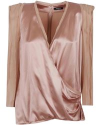 Balmain - Long Sleeves Silk Crepe Draped Top - Lyst