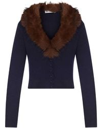 Self-Portrait - Short Knit Cardigan With Faux Fur Collar - Lyst