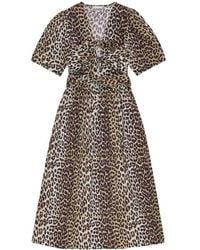 Ganni - Leopard Printed Cotton Tie Strap Midi Dress - Lyst