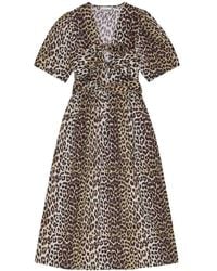 Ganni - Leopard Printed Cotton Tie Strap Midi Dress - Lyst
