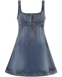 Self-Portrait - Flared Denim Mini Dress With Logo - Lyst