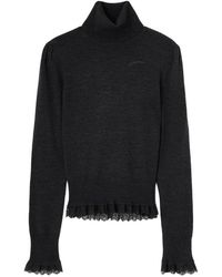 Ganni - High-Neck Merino Wool Sweater With Lace Trim - Lyst