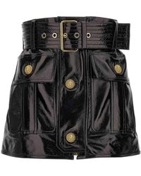 Balmain - Belt-up Shiny Leather Skirt - Lyst
