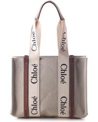 Chloé - Double Long Handle Linen Bag With Logo - Lyst