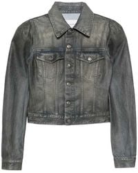 7 For All Mankind - Cropped Denim Jacket With Puff Sleeves - Lyst