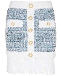 Balmain - Fringed Denim Tweed Skirt - Lyst