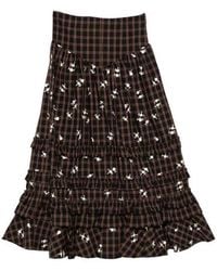 Ganni - Checked Midi Skirt With Floral Embroidery - Lyst