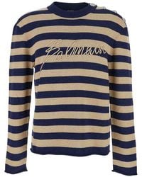 Balmain - Crewneck Sweater With Logo Lettering On The Front And All-Over Striped Motif - Lyst