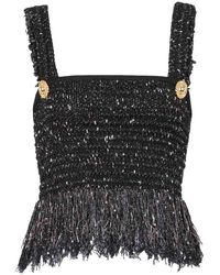 Balmain - Buttoned Fringed Tweed Cropped Top - Lyst