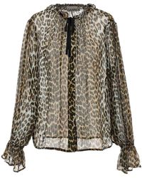 Ganni - 'Leopard Print Chiffon Tie String' Shirt - Lyst