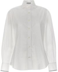 Brunello Cucinelli - Stretch Cotton Poplin Shirt With Cotton Organza Sleeves And Necklace - Lyst
