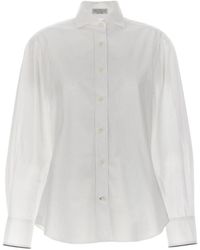 Brunello Cucinelli - Stretch Cotton Poplin Shirt With Cotton Organza Sleeves And Necklace - Lyst