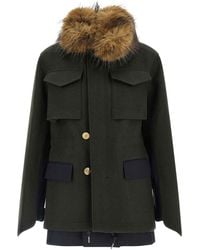 Sacai - Wool Coat With Fur Insert - Lyst