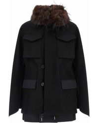 Sacai - Wool Coat With Fur Insert - Lyst