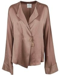 forte_forte - Silk Satin Draped Double-Breasted Blouse - Lyst