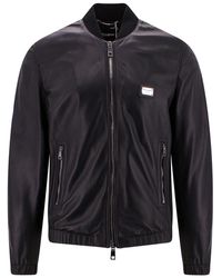 Dolce & Gabbana - Leather Jacket With Metal Logo Patch - Lyst