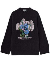 Ganni - Graphic Wool Oversized Sweater Flowers - Lyst