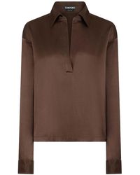 Tom Ford - Silk Satin Blouse With Tf Logo Embroidered In Tone-on-tone Brown - Lyst