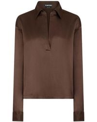 Tom Ford - Silk Satin Blouse With Tf Logo Embroidered In Tone-on-tone Brown - Lyst