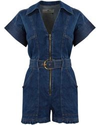 Elisabetta Franchi - Short Denim Jumpsuit With Belt - Lyst